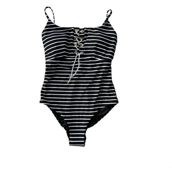 Sea Level Charmarel Lace Up Stripe Black One Piece Swimsuit Size 8 NWT - Picture 4 of 12